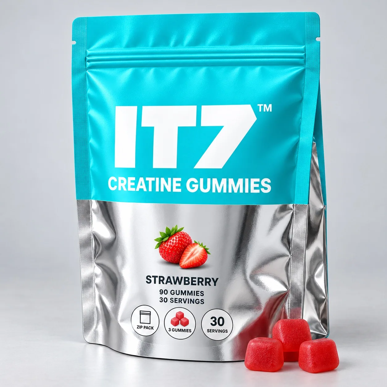 Пакет IT7 Creatine Gummies та рівно три полуничні пастилки