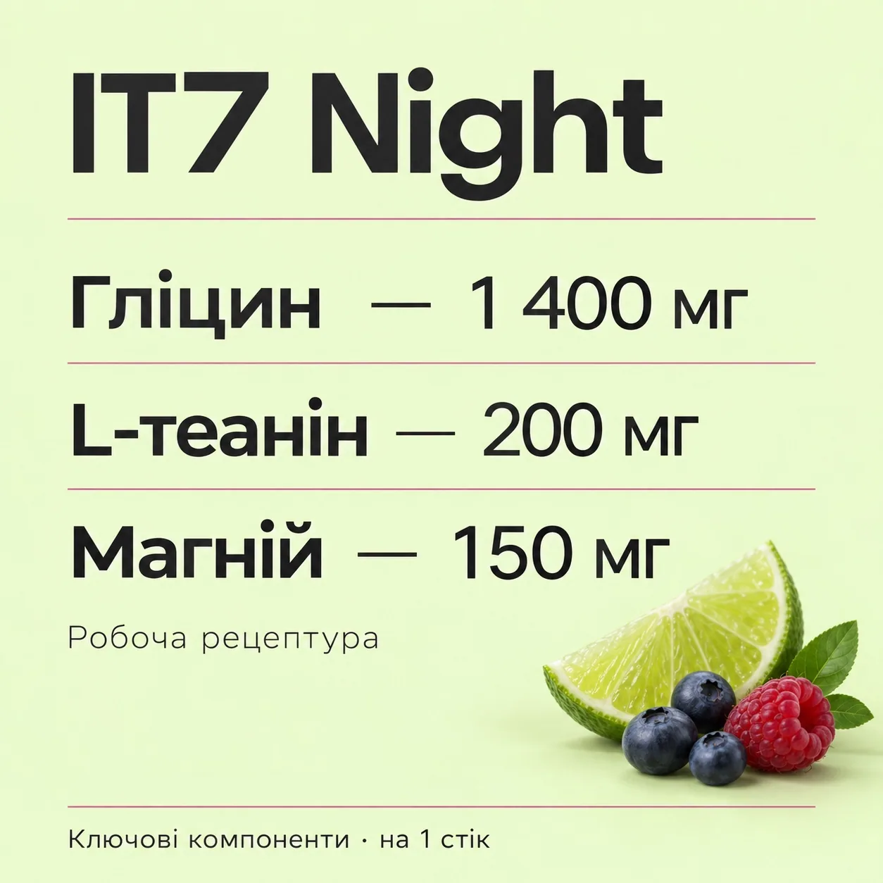 IT7 Night. Ключові компоненти на 1 стік: гліцин 1 400 мг, L-теанін 200 мг, магній 150 мг. Робоча рецептура.